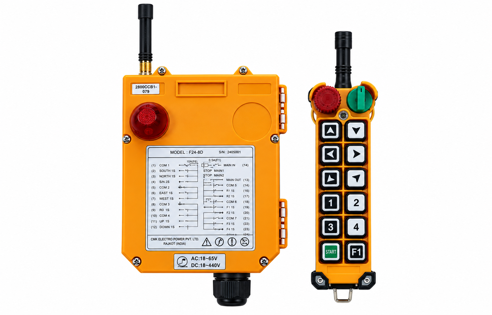 Wireless Radio Remote, 12 Single speed+1 off mushroom+1 on, IP-65, 100 Mtr, AC/DC